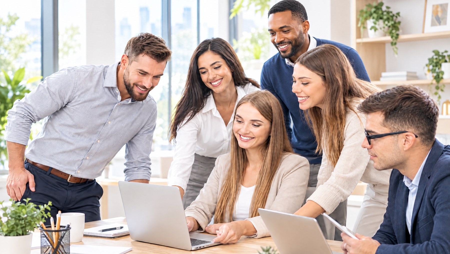 Ein freundliches Team im hellen Büro